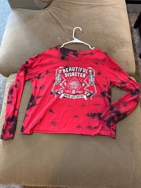 Red Tie-Dye 'Beautiful Disaster' Graphic Long-Sleeve Crop Top